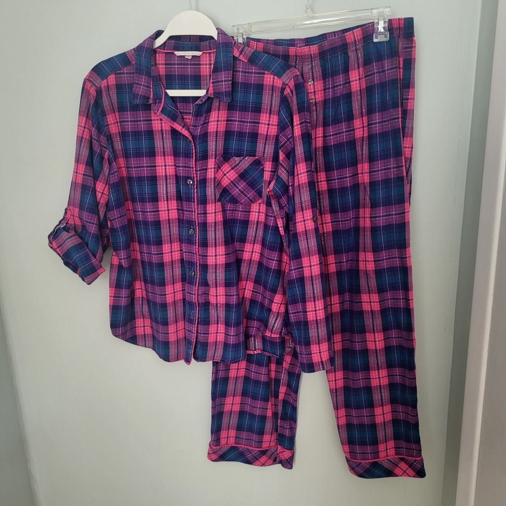 Victoria's Secret Women Large 2 Piece Pajama Set Roll Tab Plaide Purple Pink...